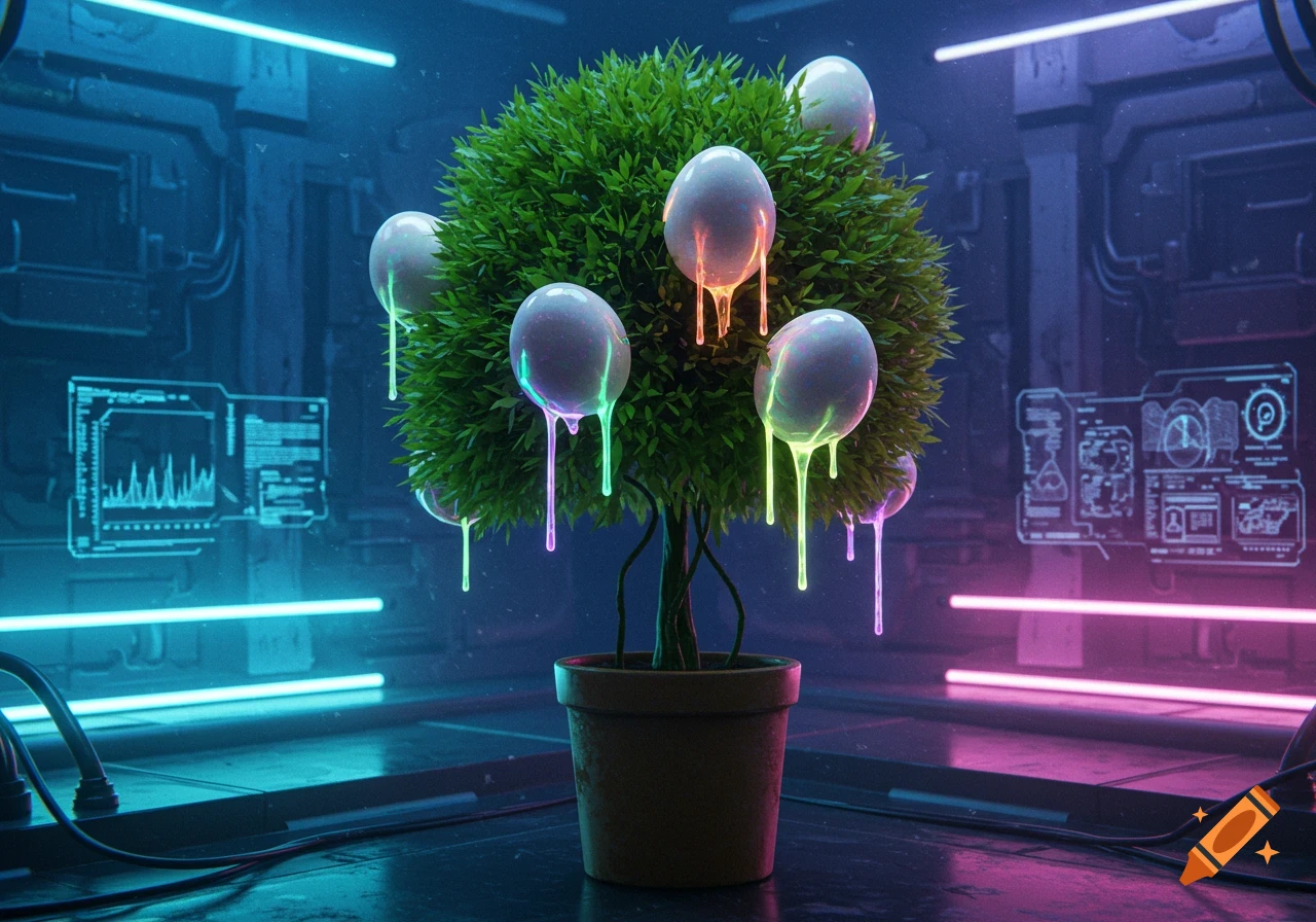 A potted plant with green foliage, from which white, glowing eggs drip multi-colored light, set in a neon-lit sci-fi laboratory.