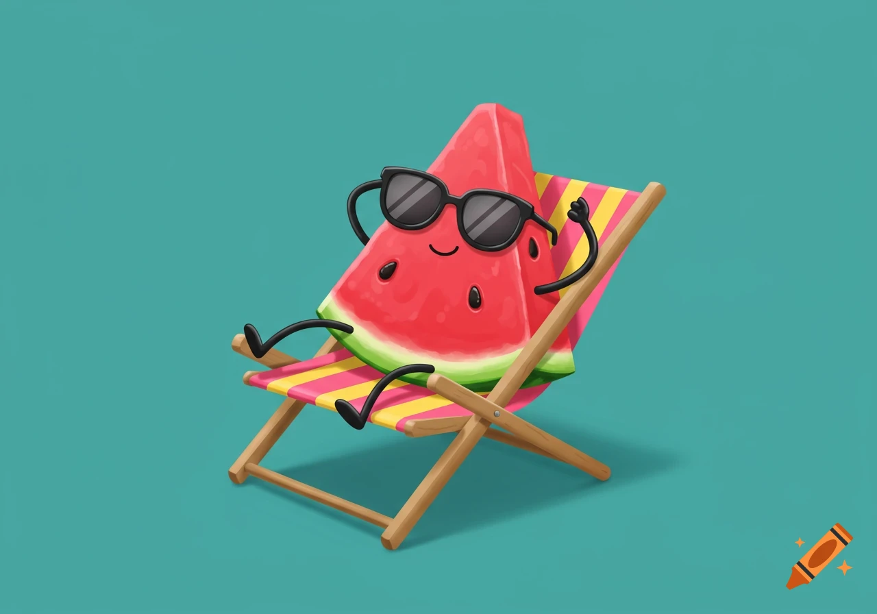 A cute cartoon watermelon slice with sunglasses relaxes in a striped beach chair against a teal background.