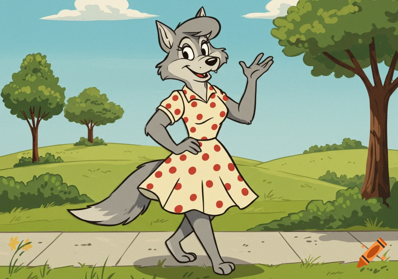 A smiling, gray anthropomorphic wolf in a yellow polka dot dress walks on a path, waving, in a Hanna-Barbera cartoon style.