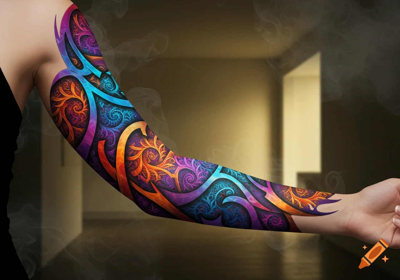 A female arm with a vibrant, multicolored fractal tribal sleeve tattoo against a blurry dark background.