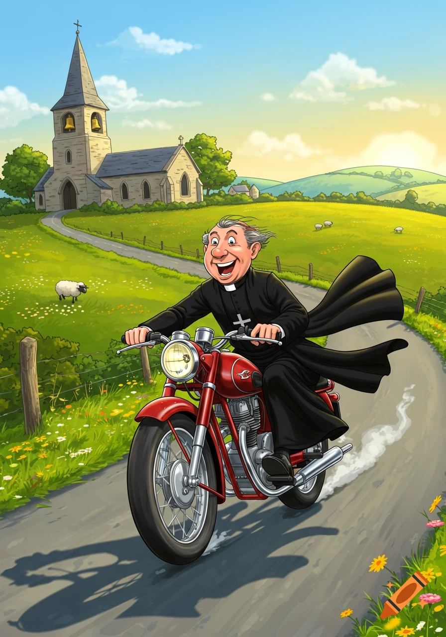 A happy cartoon vicar rides a red motorbike on a winding country road with a church and sheep in the background.