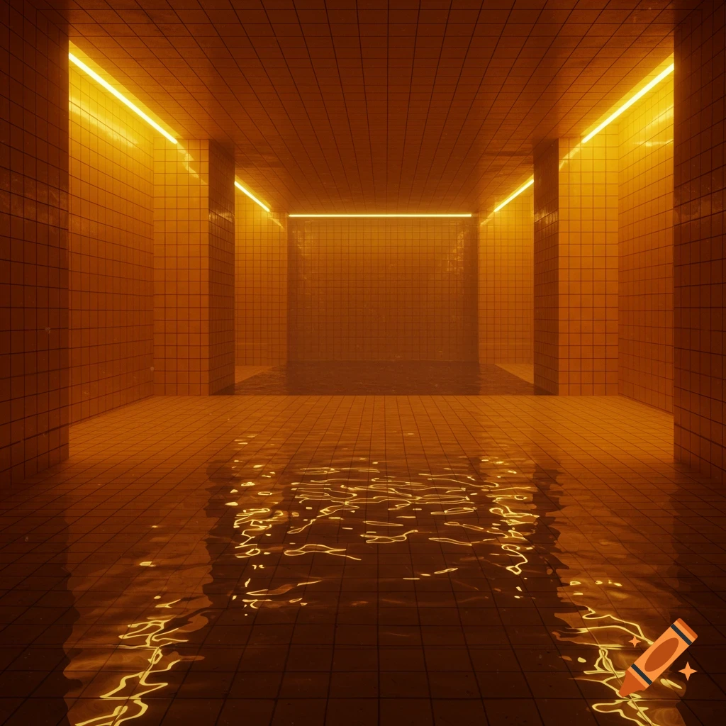 An orange tiled liminal space with glowing neon lights and shallow water reflecting the light on the floor.