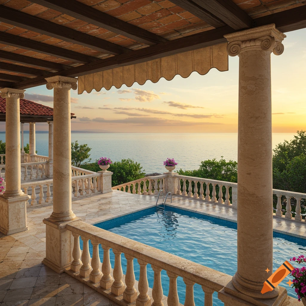 Photorealistic villa terrace with a swimming pool, classical columns, and stone balustrades, overlooking the sea at sunset.