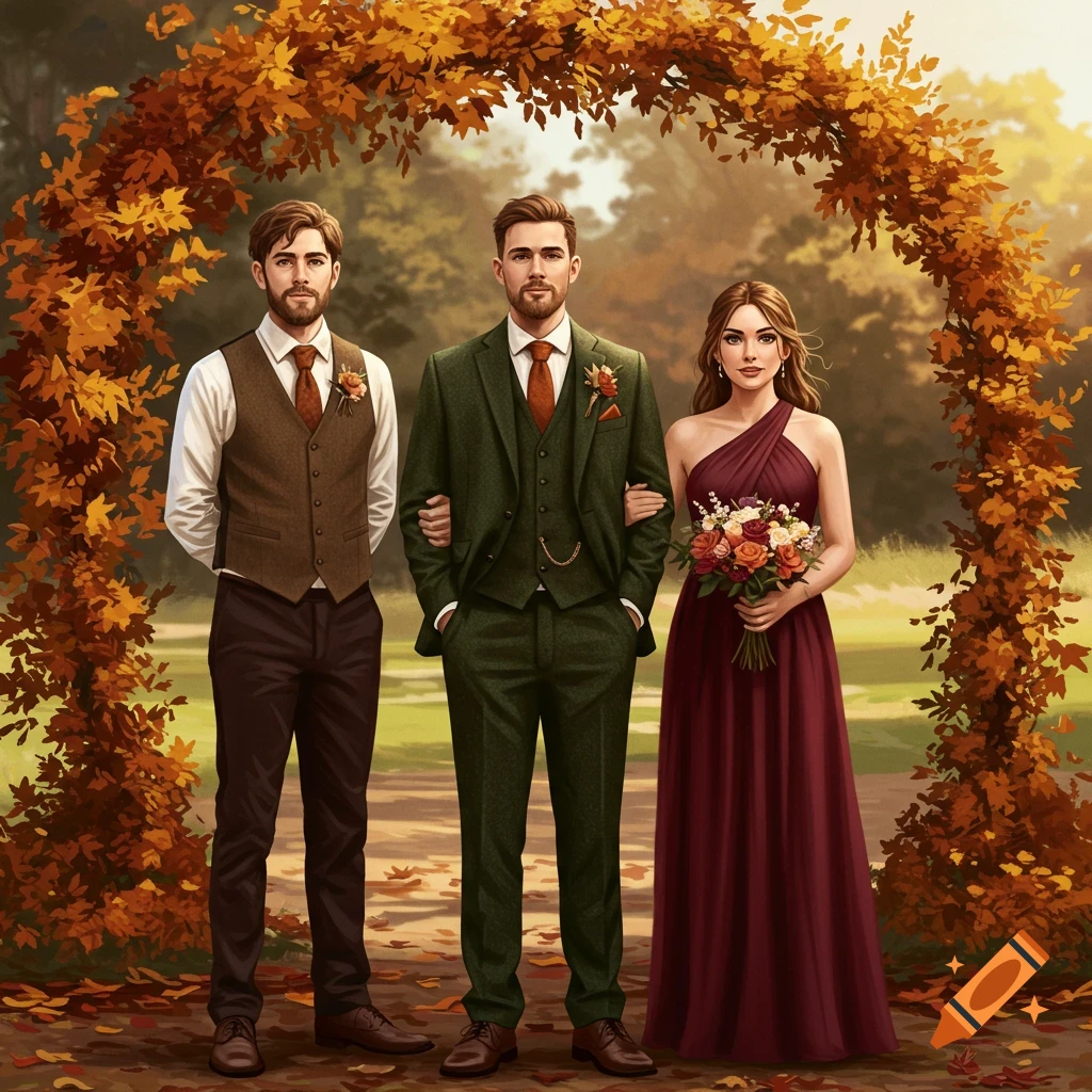 Groom in green suit, groomsman in brown vest, and bridesmaid in maroon dress under an autumnal arch in a park, photorealistic.
