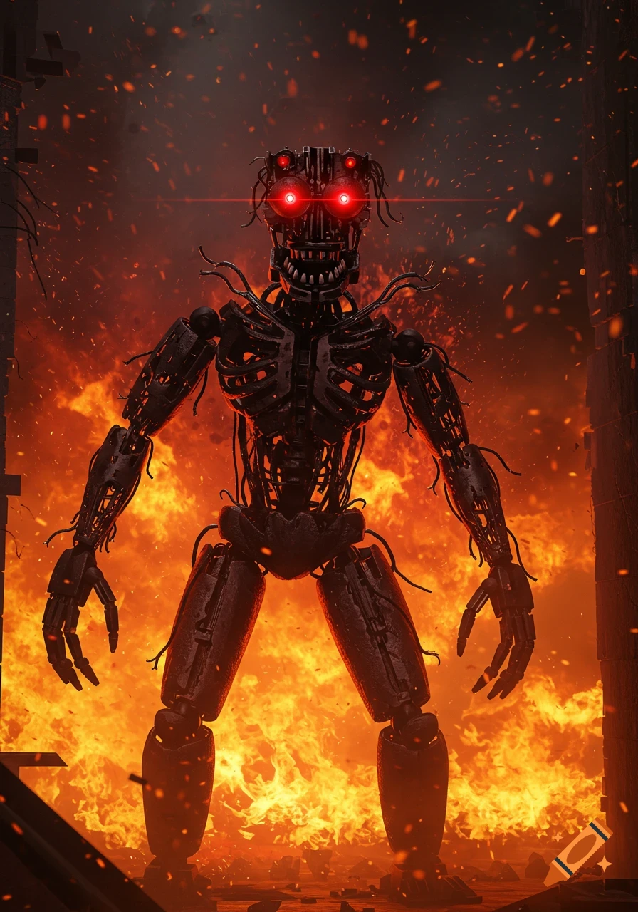 A terrifying black animatronic endoskeleton with glowing red eyes stands amidst roaring flames in a ruined building.