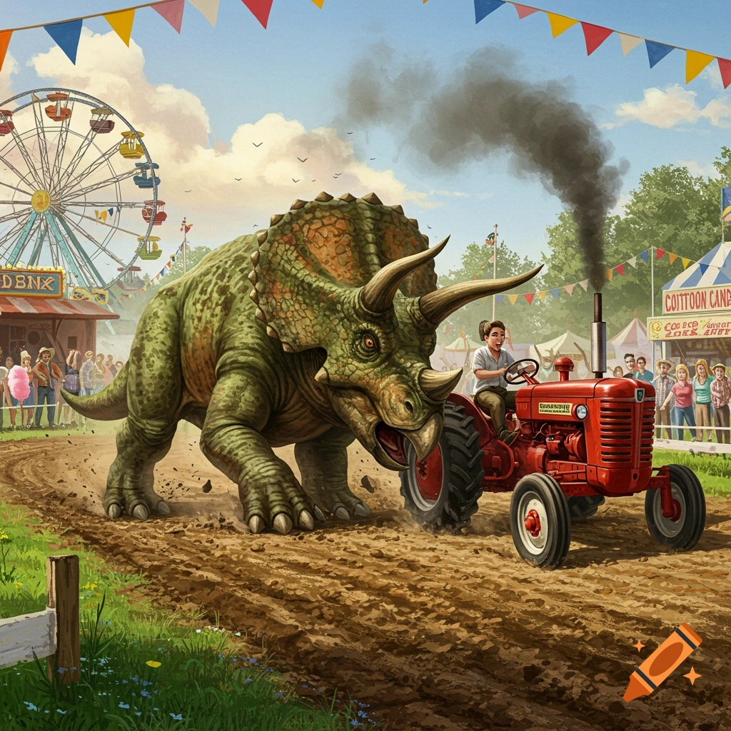 A Triceratops and a person on a red tractor compete in a tractor pull at a bustling country fair, with a Ferris wheel in the background.