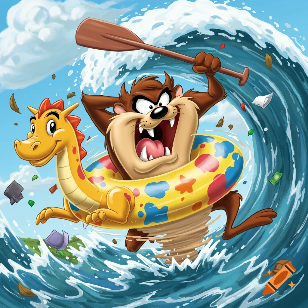 Energetic cartoon illustration of the Tasmanian Devil, Taz, in a dragon inner tube, paddling through a turbulent wave with debris.