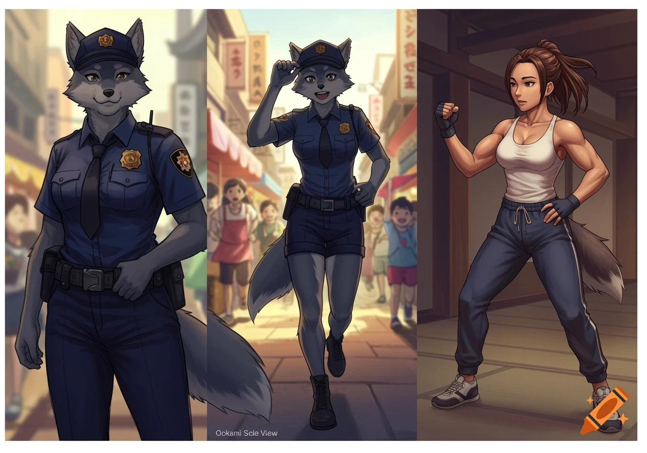 Anime style image of three panels: a wolf police officer, the officer running in a market, and a woman with a wolf tail in a dojo.