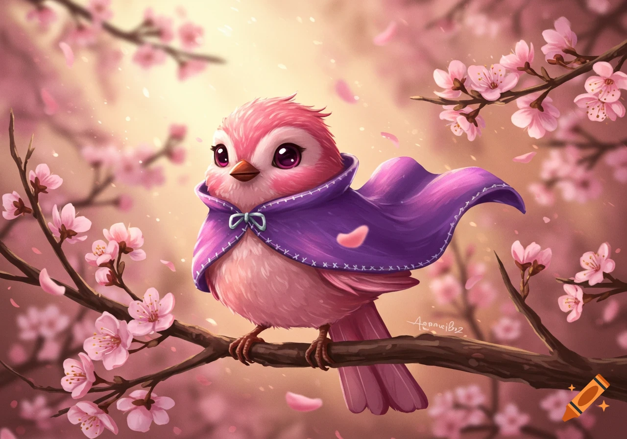 A cute pink bird in a purple cape perches on a cherry blossom branch amidst pink flowers and falling petals, in a vibrant illustration.
