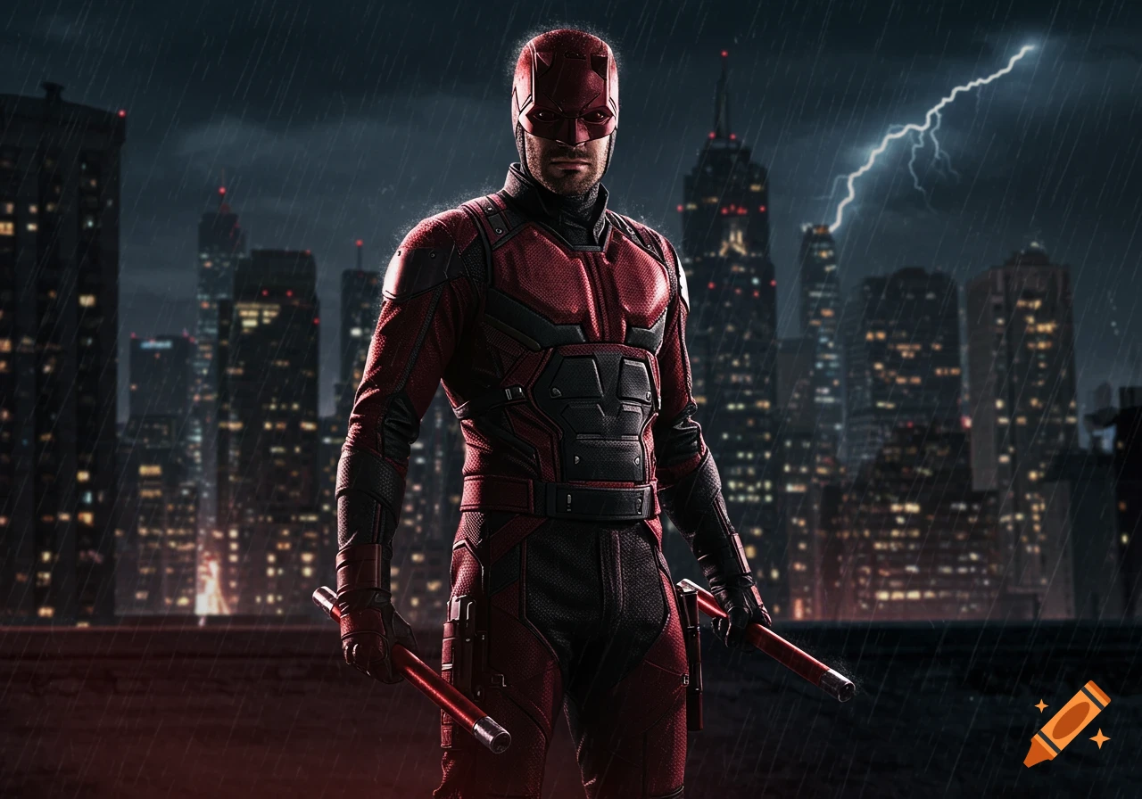 Daredevil in his red suit stands on a rainy city rooftop at night with lightning in the sky, holding his batons.