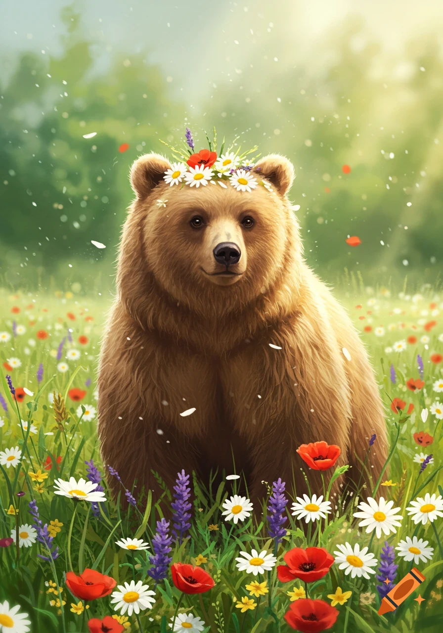 A fluffy brown bear wearing a crown of white daisies and a red poppy sits in a vibrant field of wildflowers with sunlight in the background.