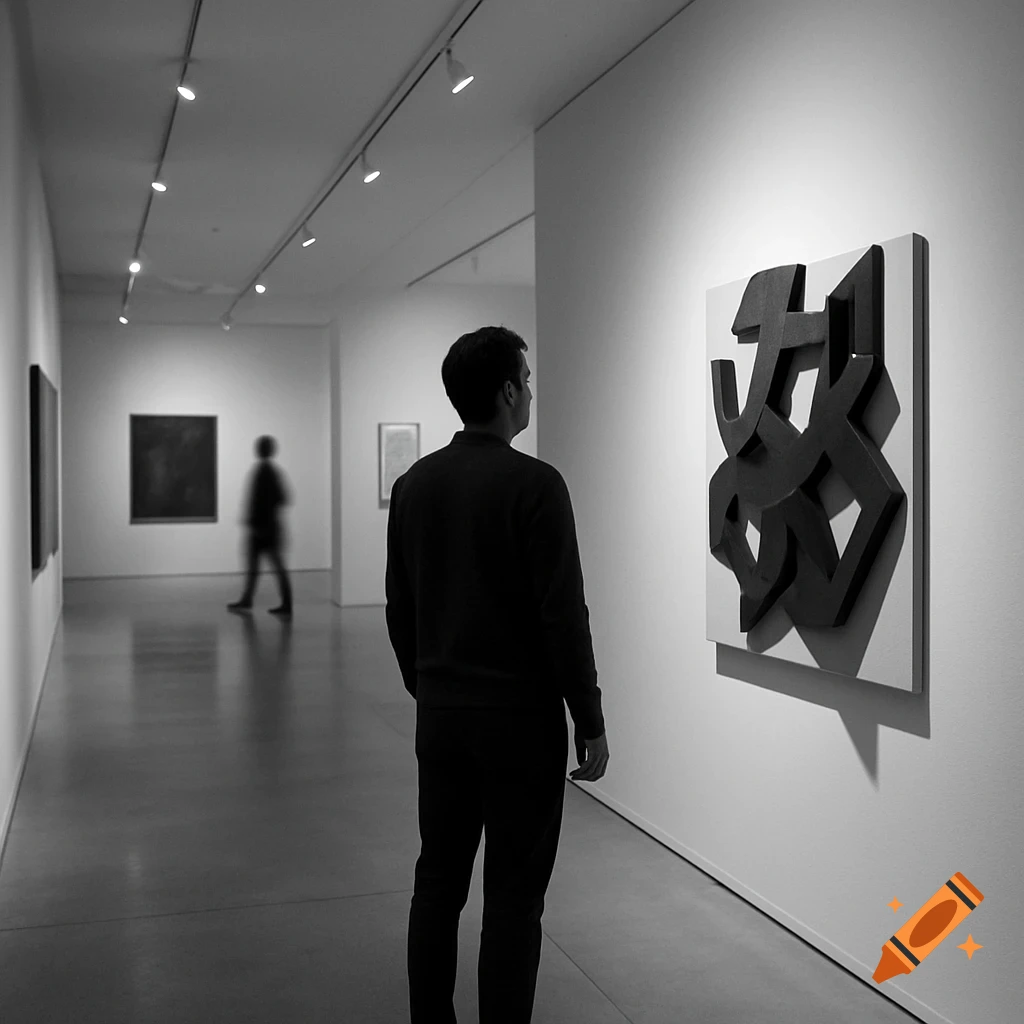 A man in a black and white art gallery views an abstract, dark sculptural artwork. Another blurry figure is in the background.