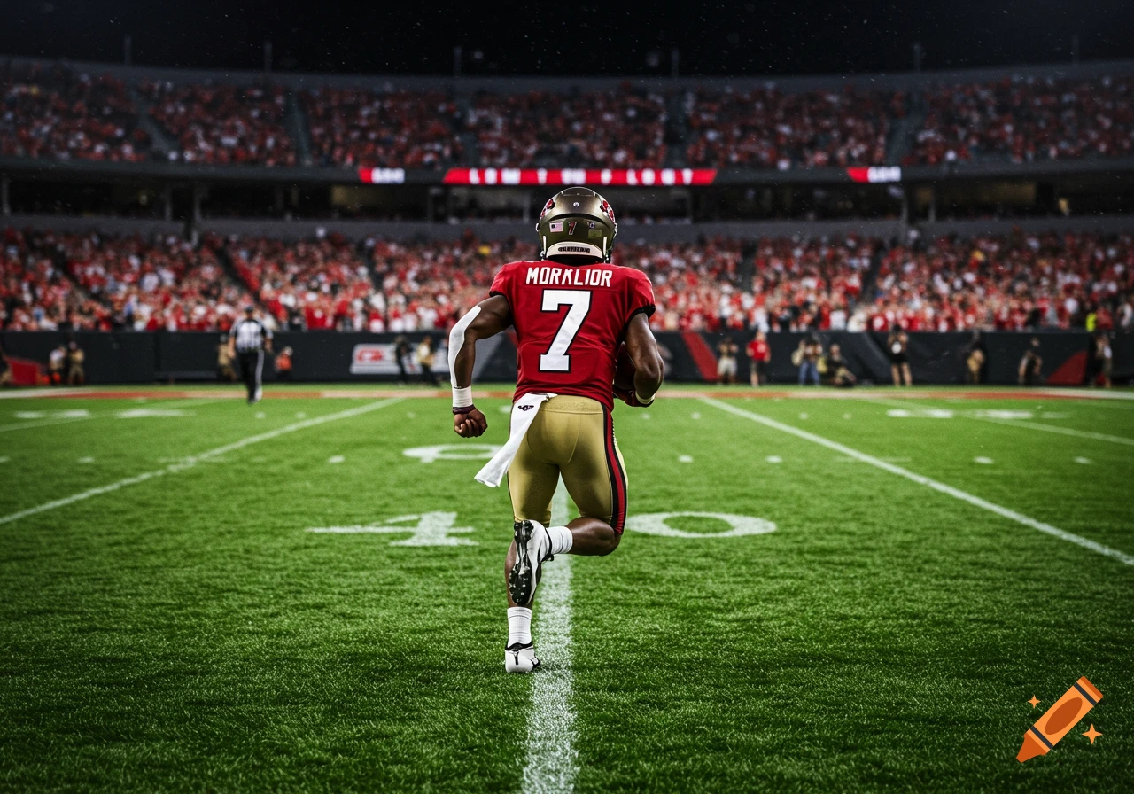An American football player in a red jersey with number 7 and gold pants runs on a green field in a stadium.