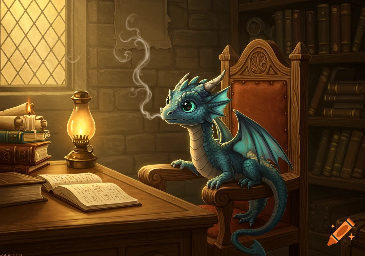A cute, small blue dragon with large eyes sits in a high-backed chair at a wooden desk, exhaling smoke. An open book with illegible text, a lit oil lamp, and stacks of books are on the desk. A window and bookshelf are in the background.