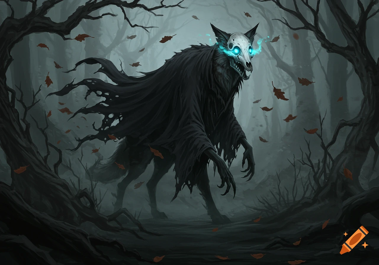 Skeletal fox-like creature with glowing blue eyes and tattered black rags stands in a dark, misty forest with bare trees and falling leaves.