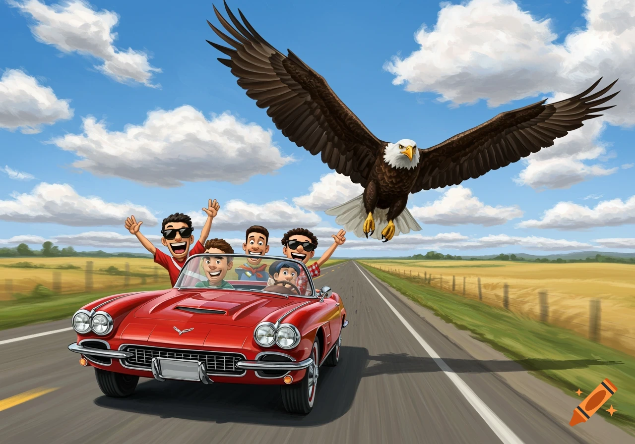 A cartoon bald eagle flies above a red convertible car carrying five happy people on a sunny country road.
