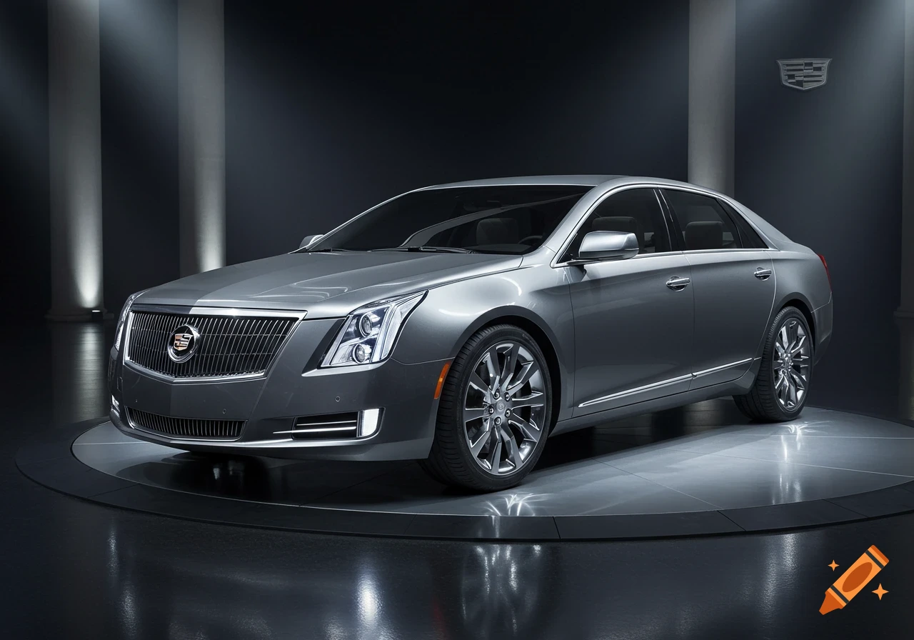 A silver Cadillac sedan on a circular platform in a dark, spotlighted studio.