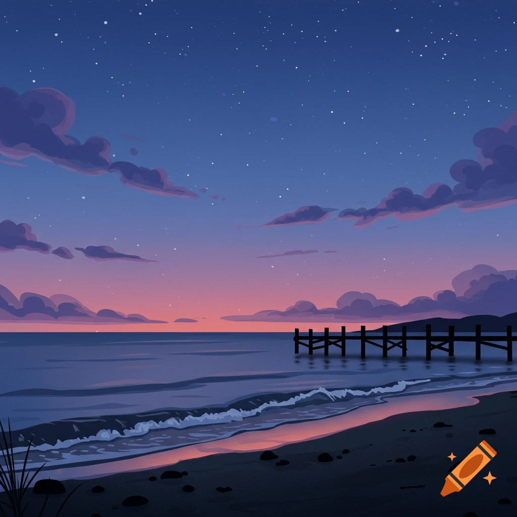 Stylized painting of a serene beach at sunset with a starry sky, calm waves, and a wooden pier.