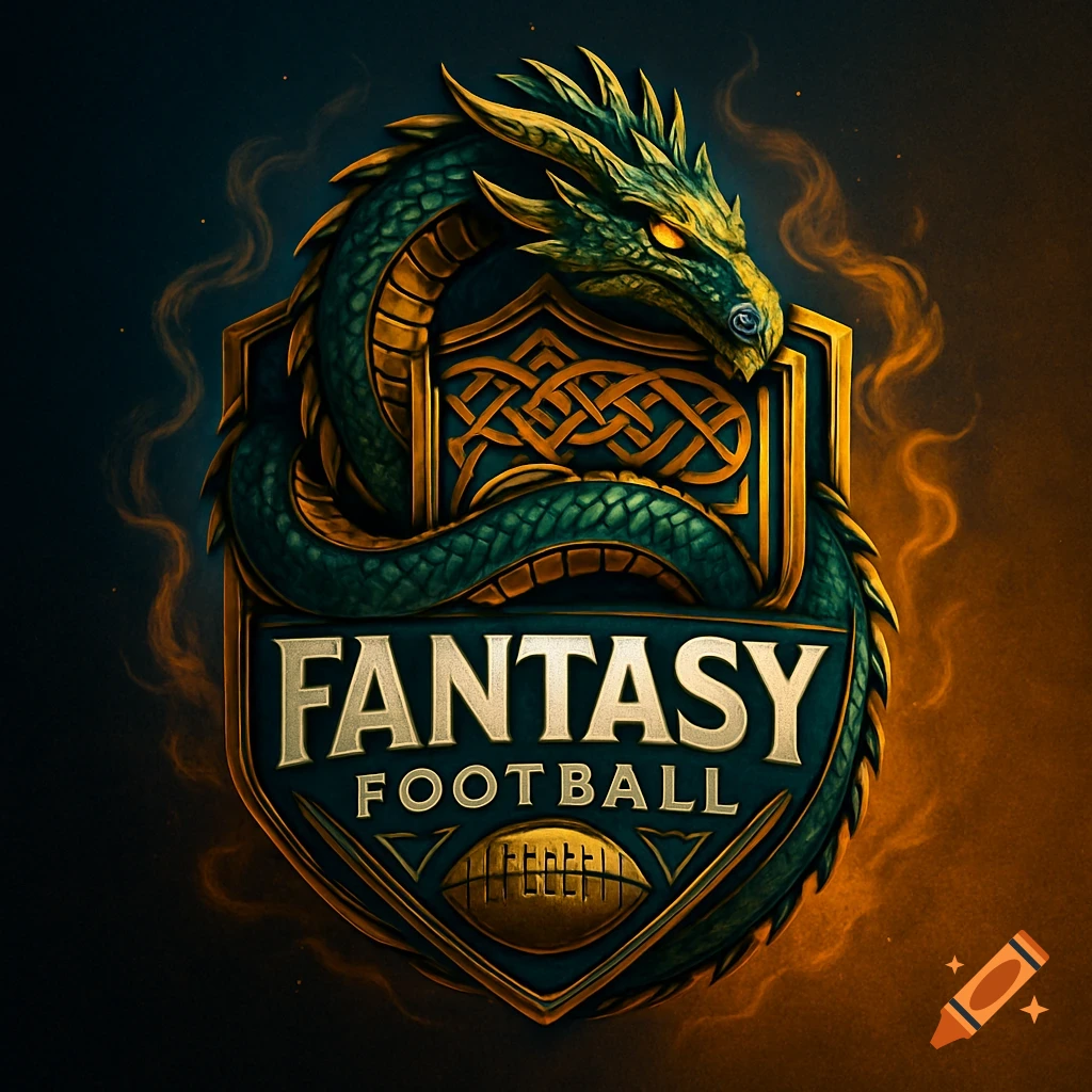 Green and gold dragon wrapped around a shield logo with 'FANTASY FOOTBALL' text and a football icon on a smoky background.