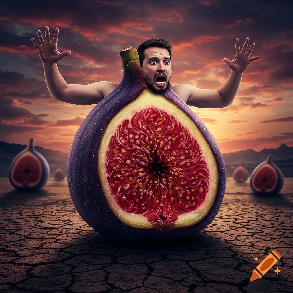 A terrified man with raised hands emerges from a giant sliced fig on cracked earth, under a dramatic sunset sky.