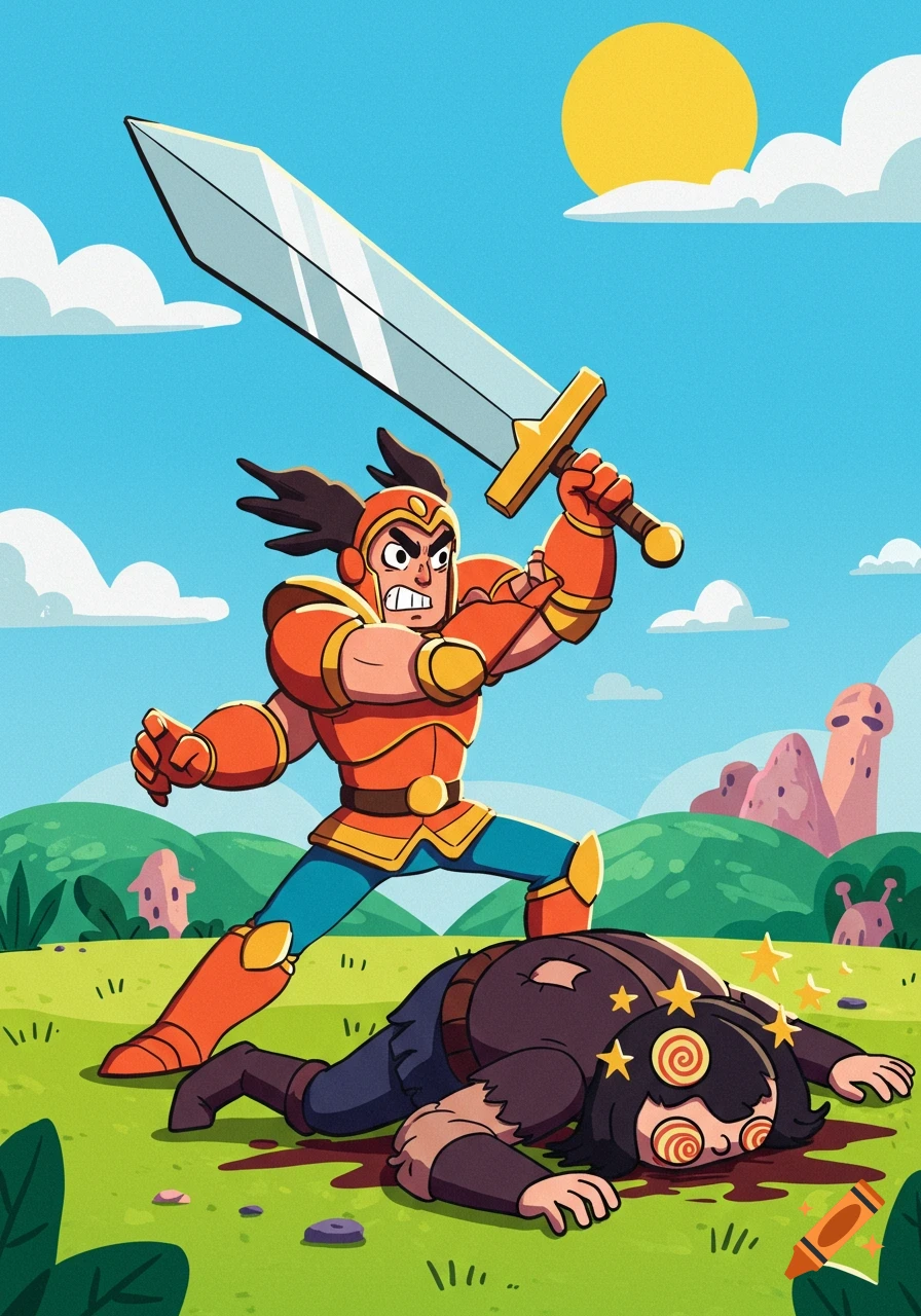 A cartoon warrior in orange armor raises a sword over a fallen, dazed opponent on a green field under a sunny sky.