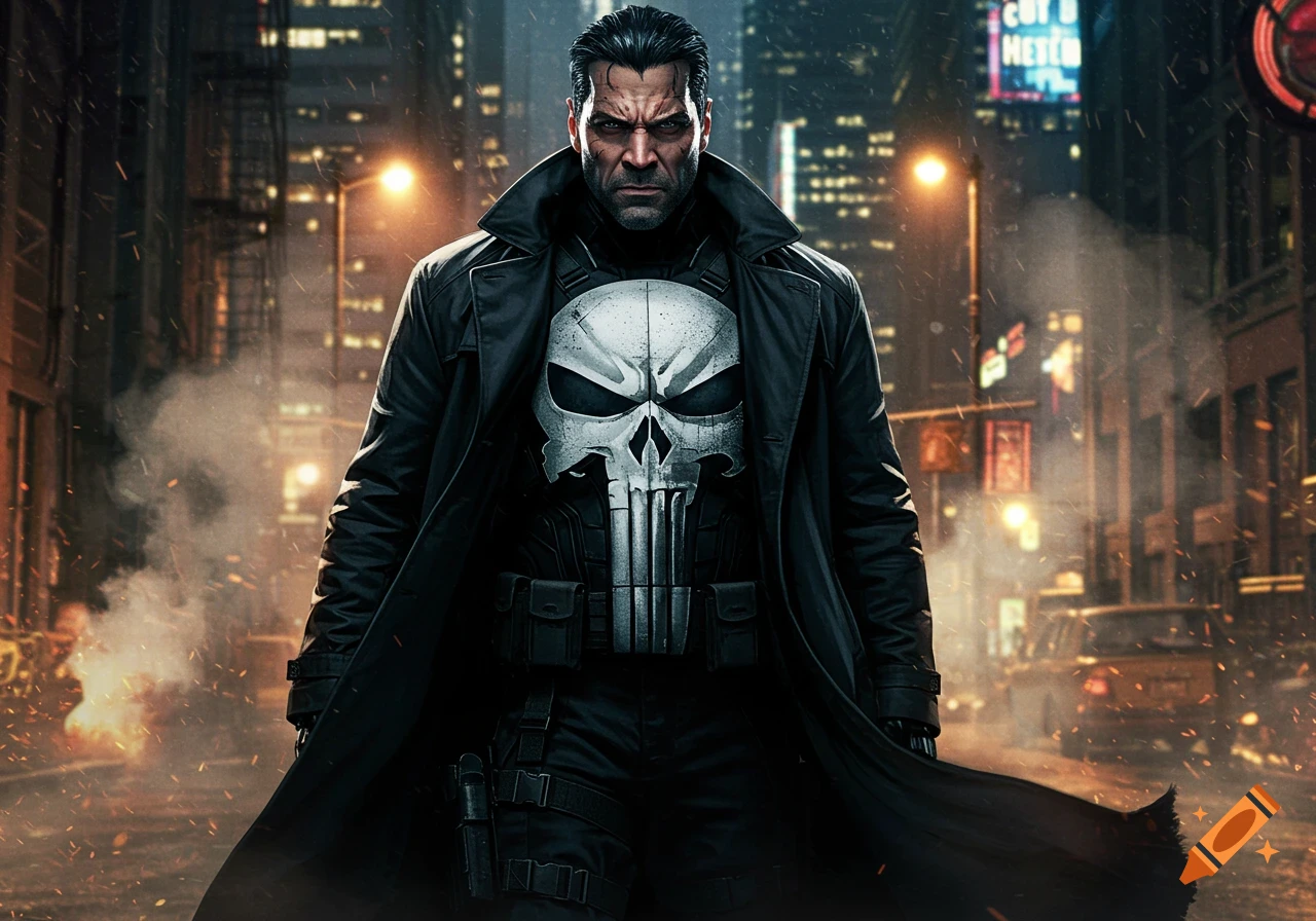 The Punisher stands grimly in a dark, rainy city street, wearing a black trench coat and tactical suit with his skull emblem.