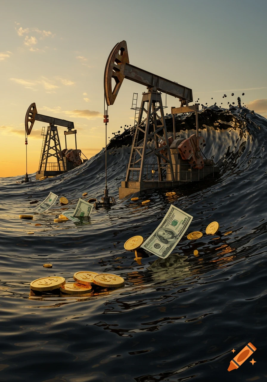 An oil pumpjack and two oil derricks stand amidst a large wave of shiny black crude oil, with dollar bills and gold coins floating in the oil at sunset. Realistic digital art.