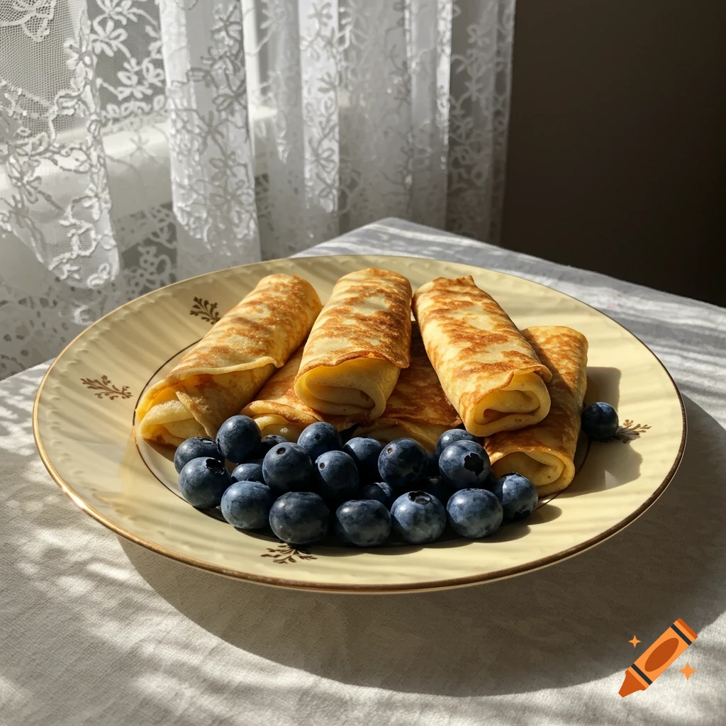 Golden blintzes and fresh blueberries on a vintage-style plate by a sunlit window with lace curtains.