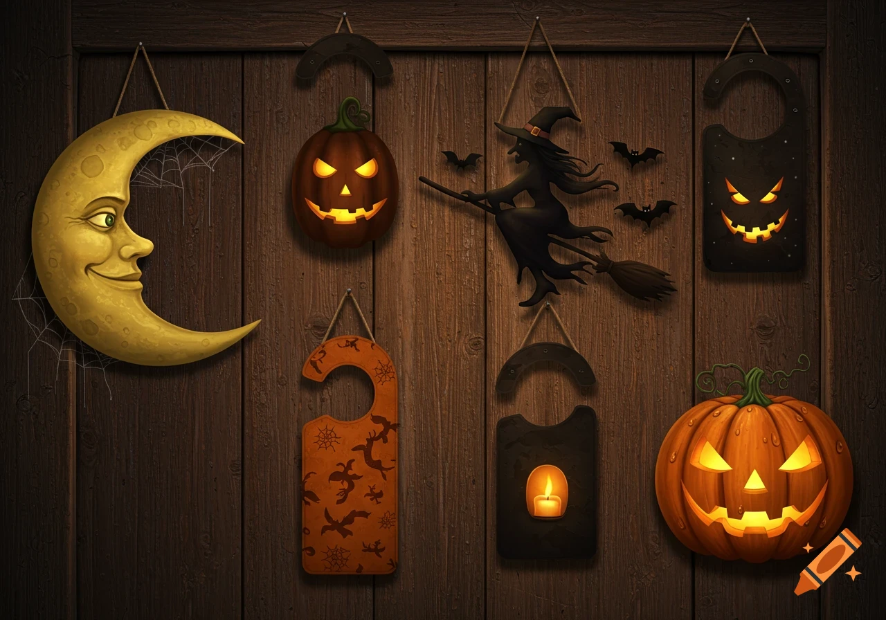 Halloween decorations including jack-o'-lanterns, a witch, bats, and a crescent moon hanging on a rustic wooden wall.