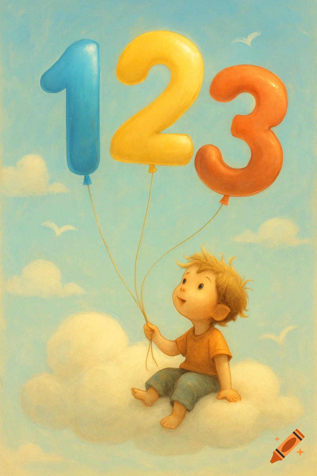 A whimsical painted illustration of a child sitting on a cloud, holding balloons shaped like the numbers 1, 2, and 3.