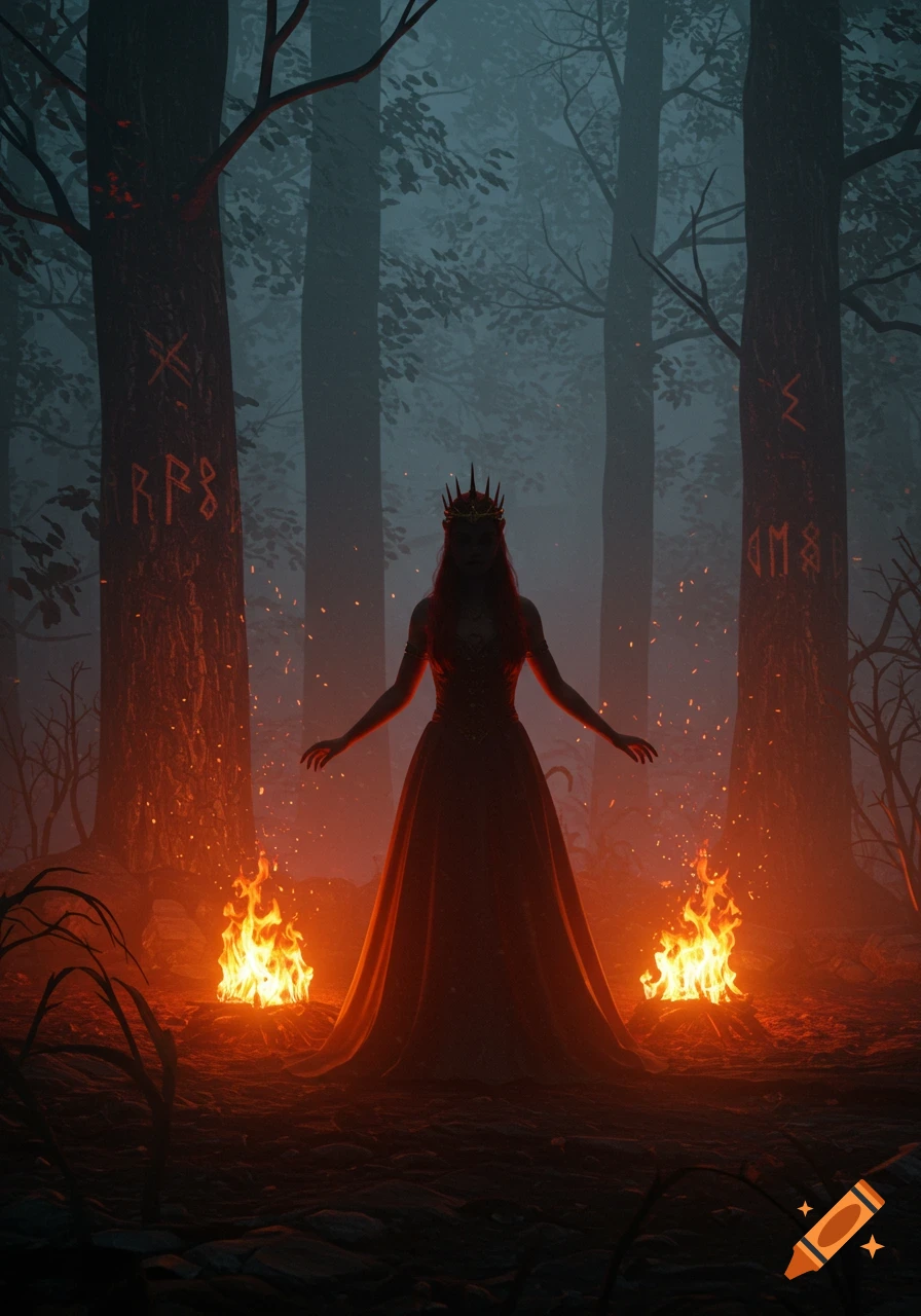 A crowned woman in a gown stands as a silhouette between two fires in a dark, misty forest.