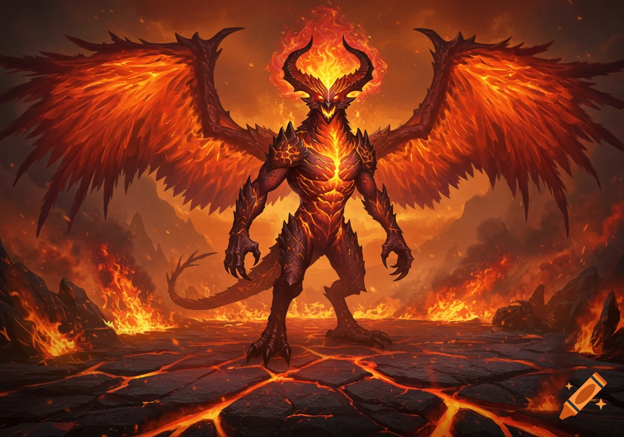 A horned, winged demon with a fiery body of lava and rock stands in a blazing hellscape.