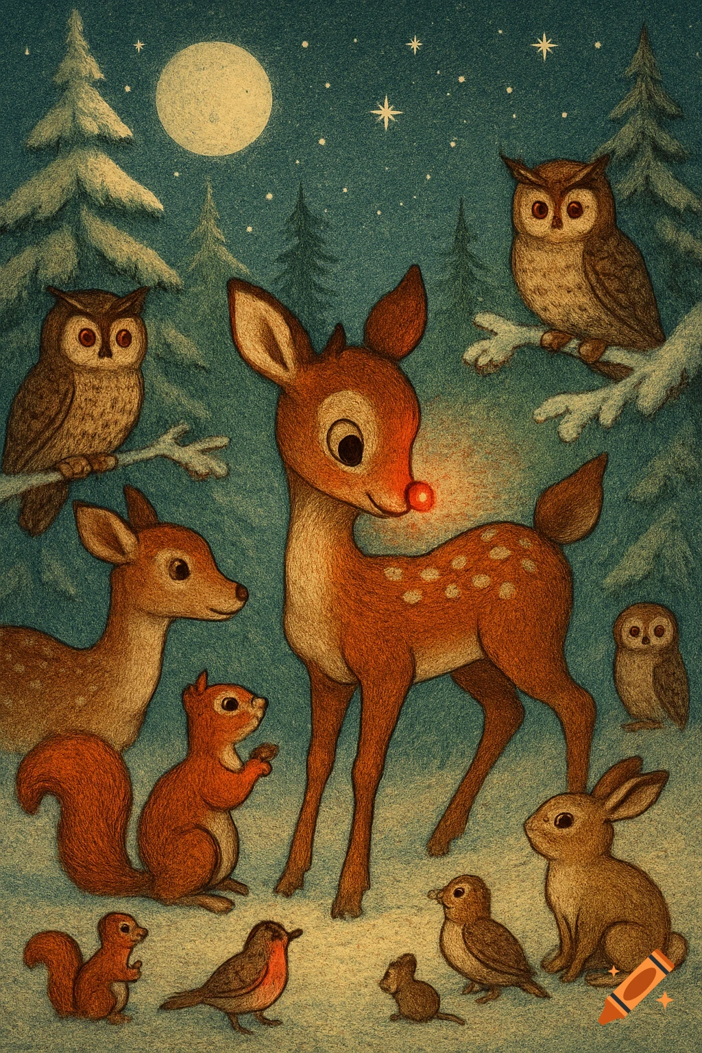 A vintage-style illustration of a red-nosed fawn surrounded by other forest animals in a snowy forest at night under a full moon.