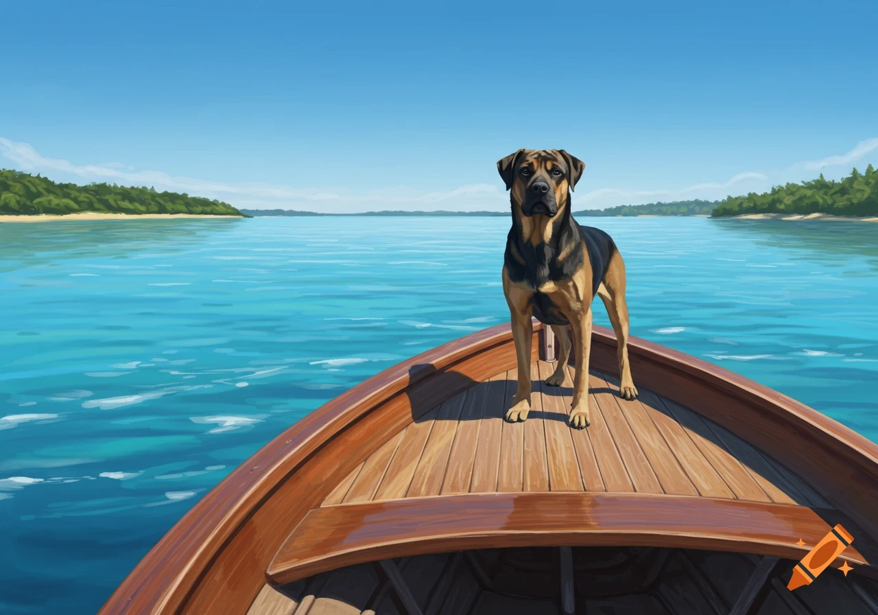 A black mouth cur dog stands on the bow of a wooden boat on bright blue water, with green land in the distance under a clear sky.