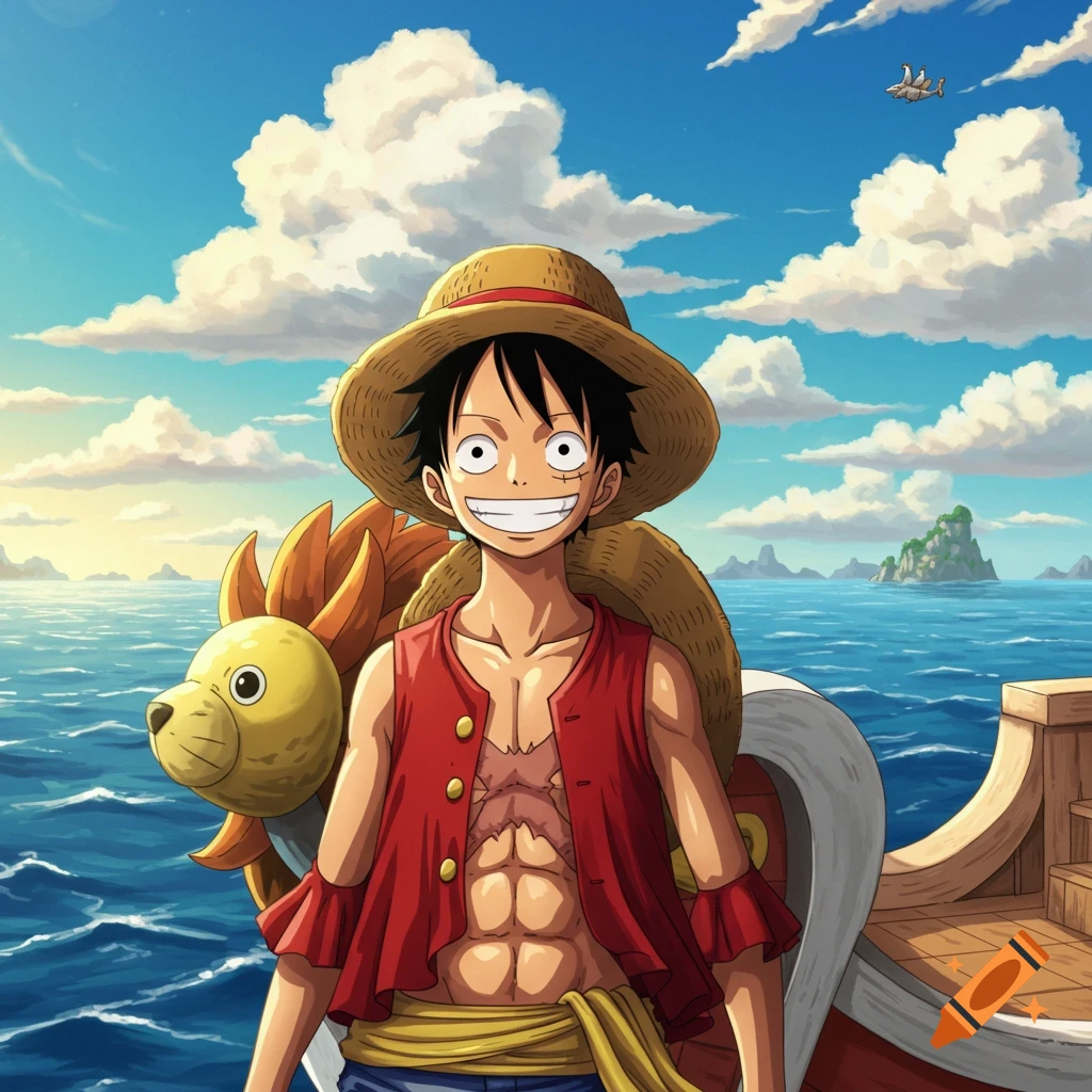 A smiling anime character, Monkey D. Luffy, stands on a pirate ship at sea under a blue sky.