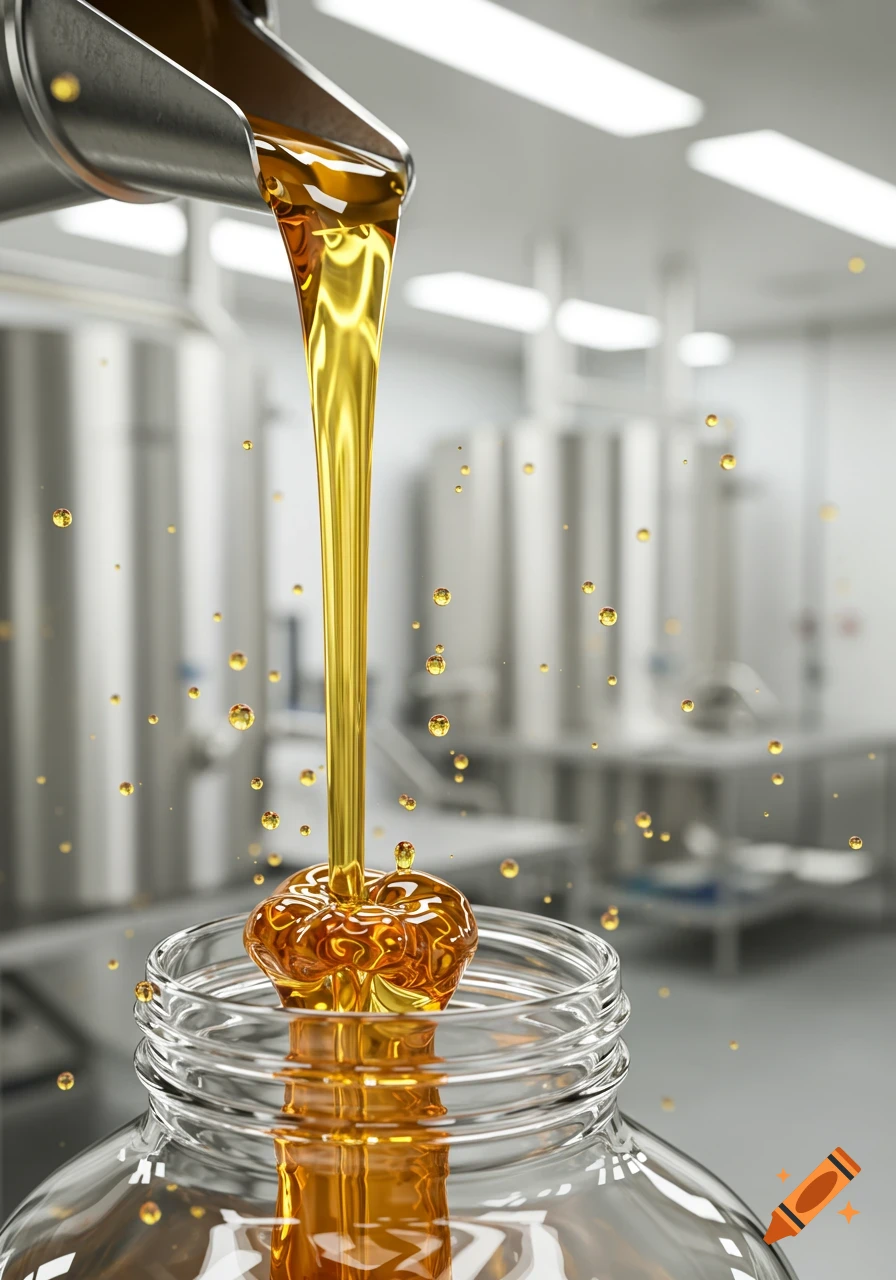 Thick golden syrup pouring from a metal spout into a glass jar with splashes, in a clean, brightly lit industrial facility.