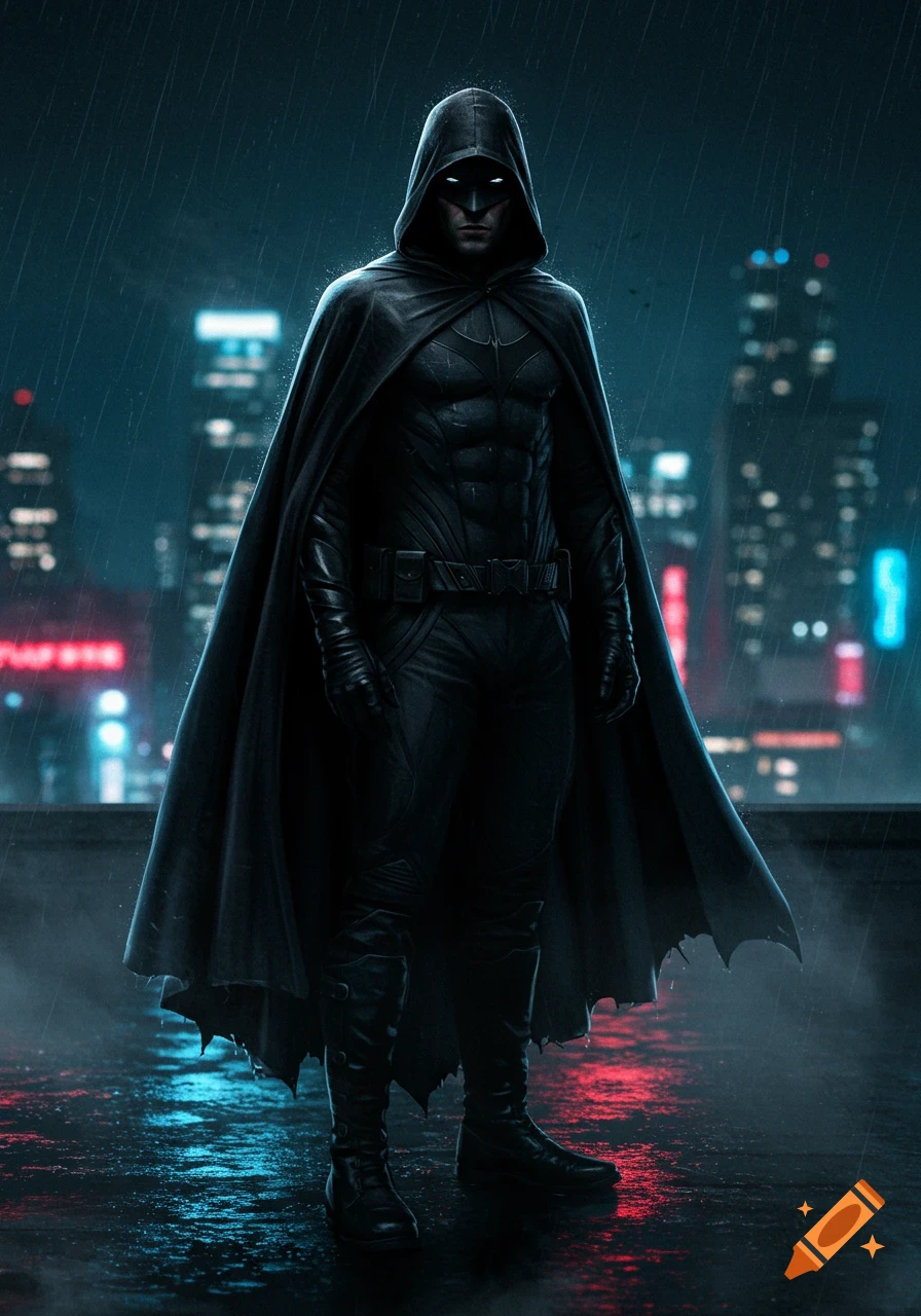 A masked vigilante in a dark hooded cape stands on a rainy city rooftop at night, glowing white eyes. Photorealistic style.