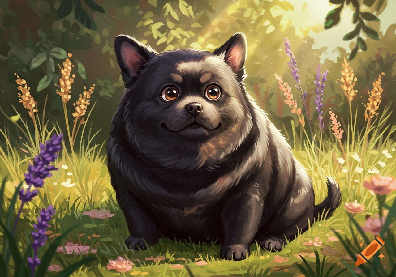 A cute, fluffy black dog sits smiling in a sunny field with purple and yellow flowers, illustrated.