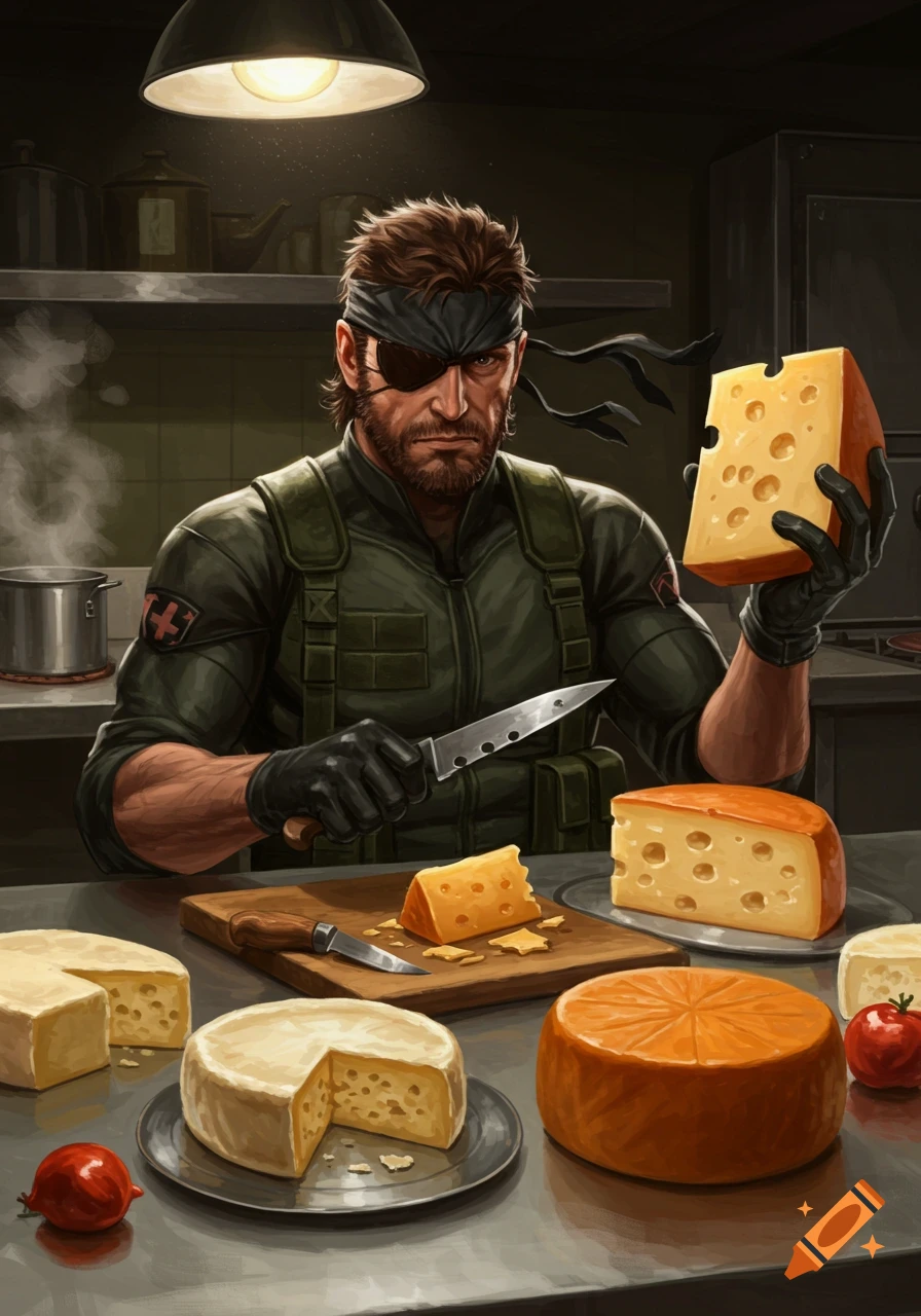 Solid Snake in a kitchen, wearing a bandana and eye patch, holding a large block of Swiss cheese while preparing to cut another block with a knife. Various cheeses are on the counter.