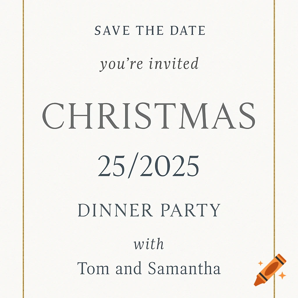 Minimalist Christmas save the date invitation card with gold border and event details for Tom and Samantha.