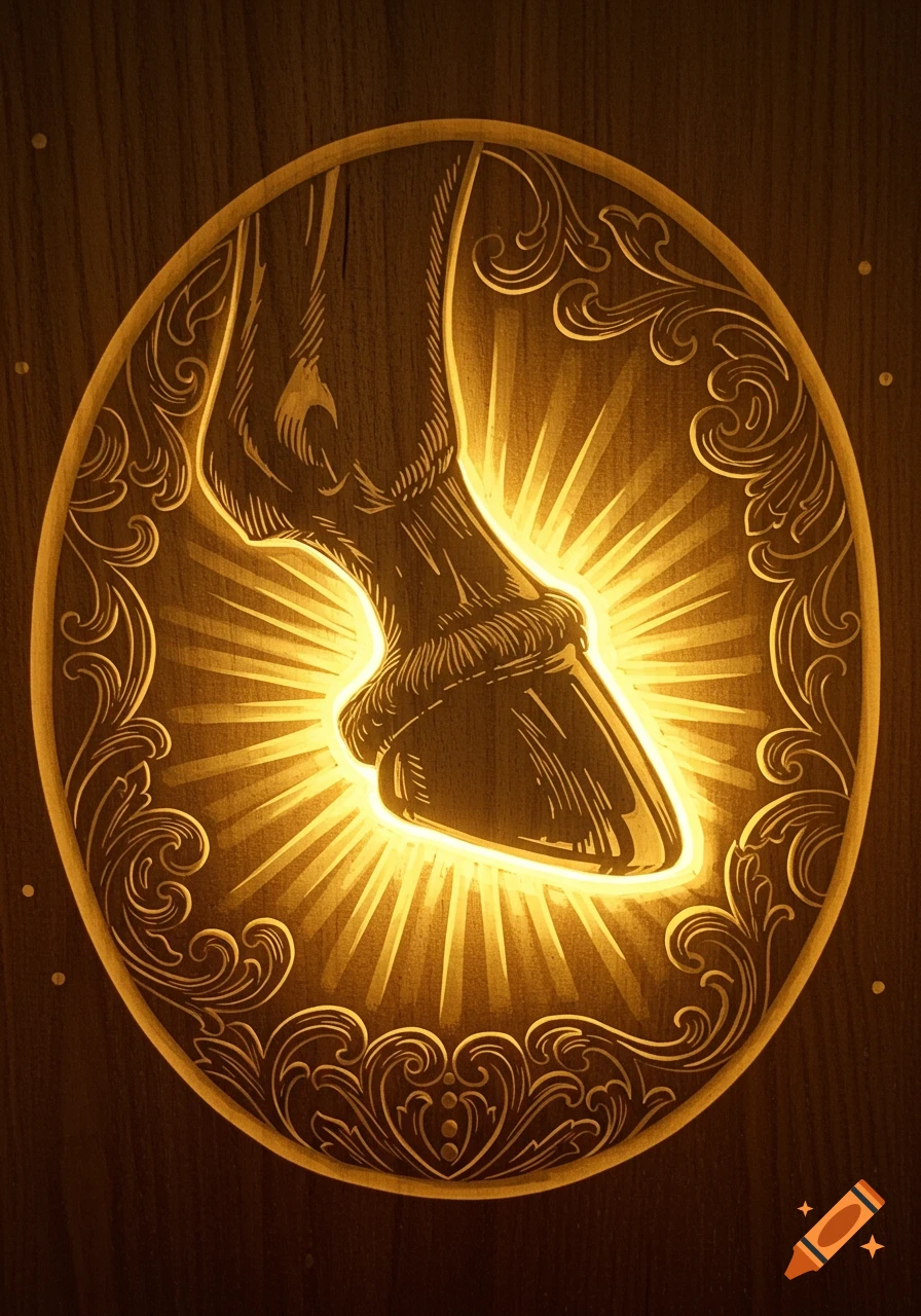 A glowing, stylized horse hoof engraved within an ornate oval wood cutout design, radiating light from behind.