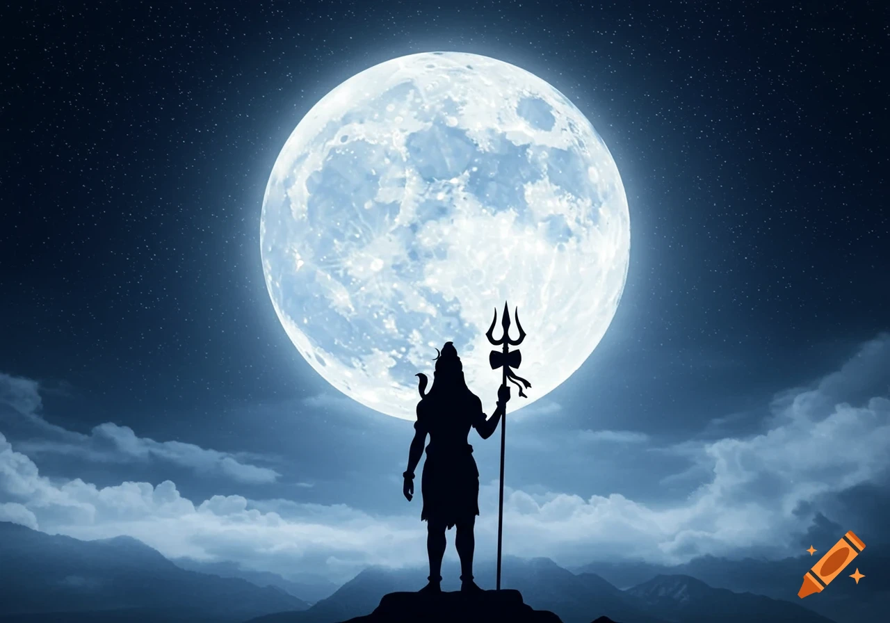 Silhouette of Shiva holding a trident on a mountain peak, under a large full moon and starry night sky.