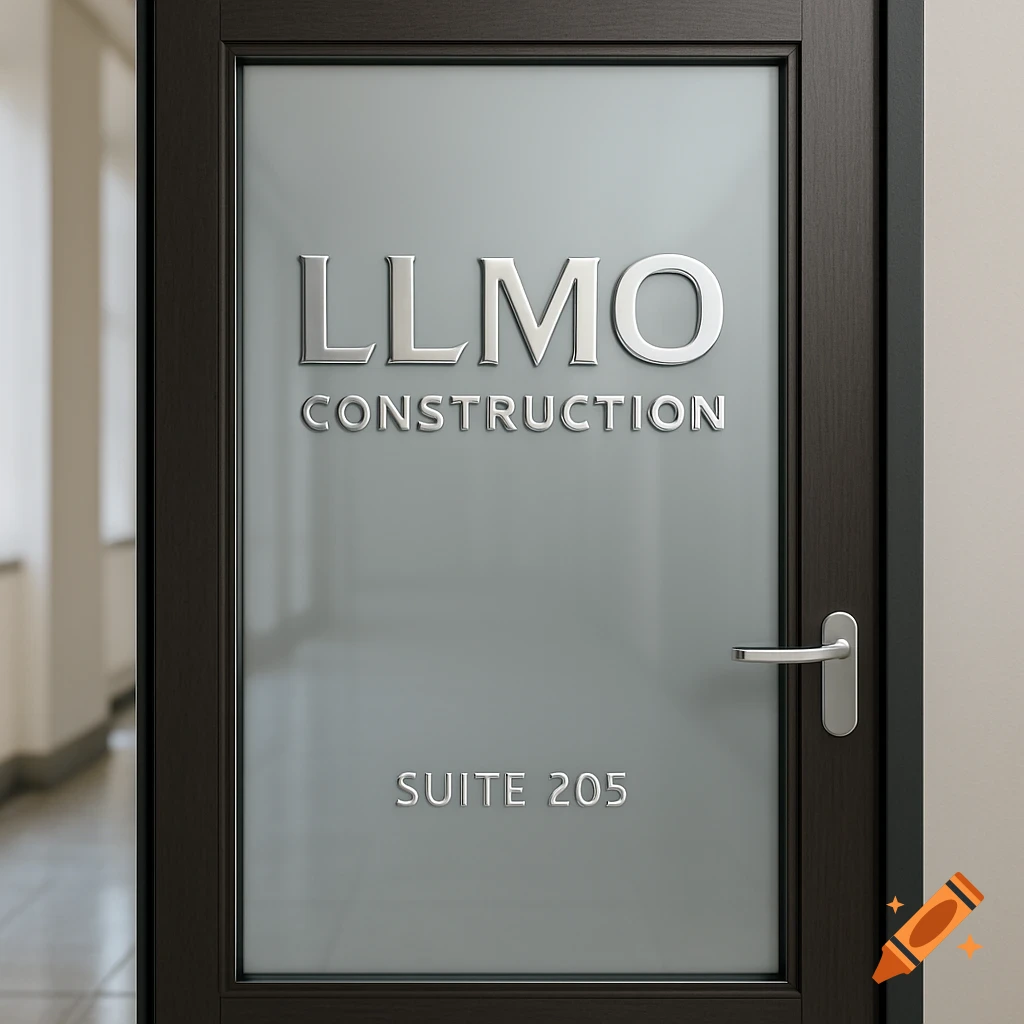 A close-up, photorealistic view of a dark brown office door with a frosted glass panel. The panel displays "LLMO CONSTRUCTION" prominently and "SUITE 205" below.