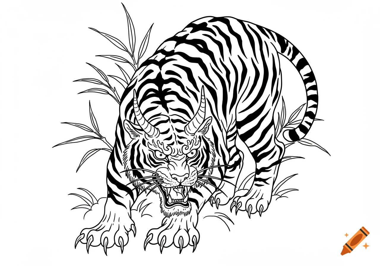 Black and white line art of an aggressive horned demon tiger in a traditional tattoo stencil style with bamboo.
