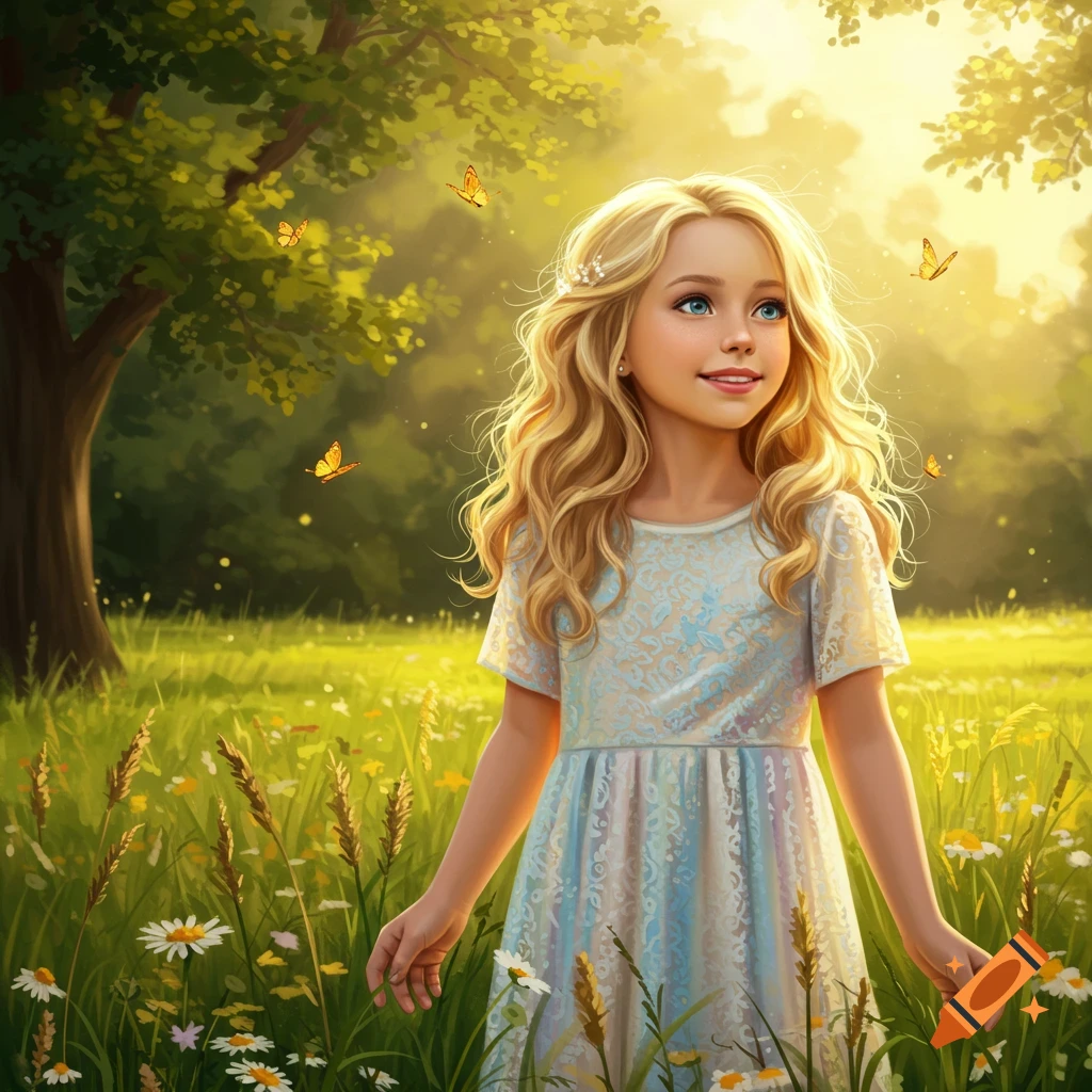 Smiling blonde girl with blue eyes stands in a sunny meadow with flowers and butterflies, trees in background.