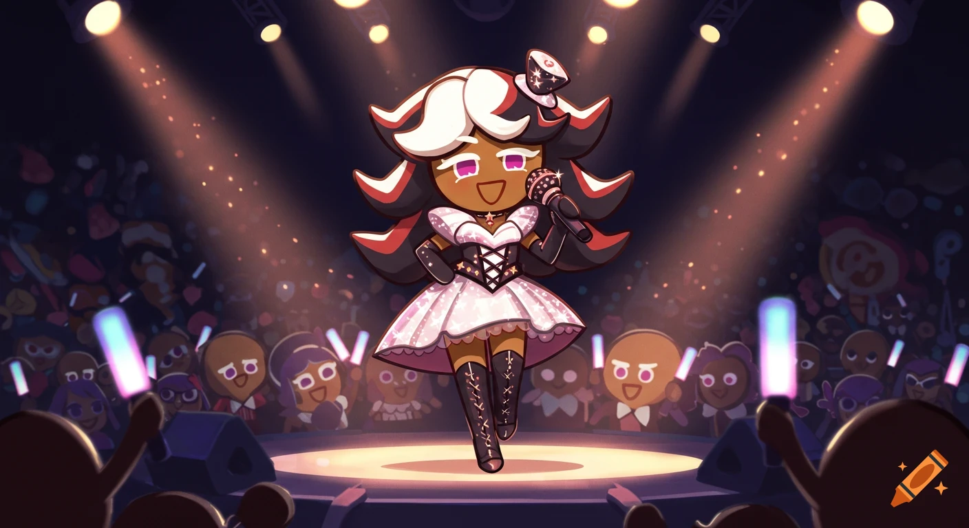 Shadow Milk Cookie as a K-pop star singing on a brightly lit stage to a cheering crowd in Cookie Run style.