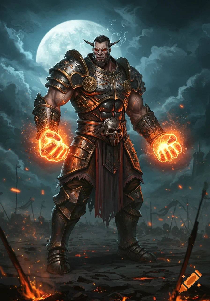 Muscular, horned Goliath warrior in ornate armor with glowing fiery fists stands on a dark battlefield under a full moon.