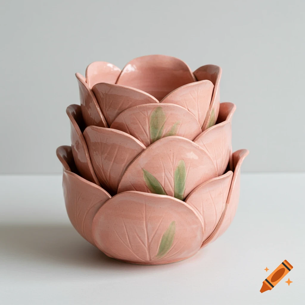 Stacked pink ceramic flower bowls with green leaf accents on a light background.