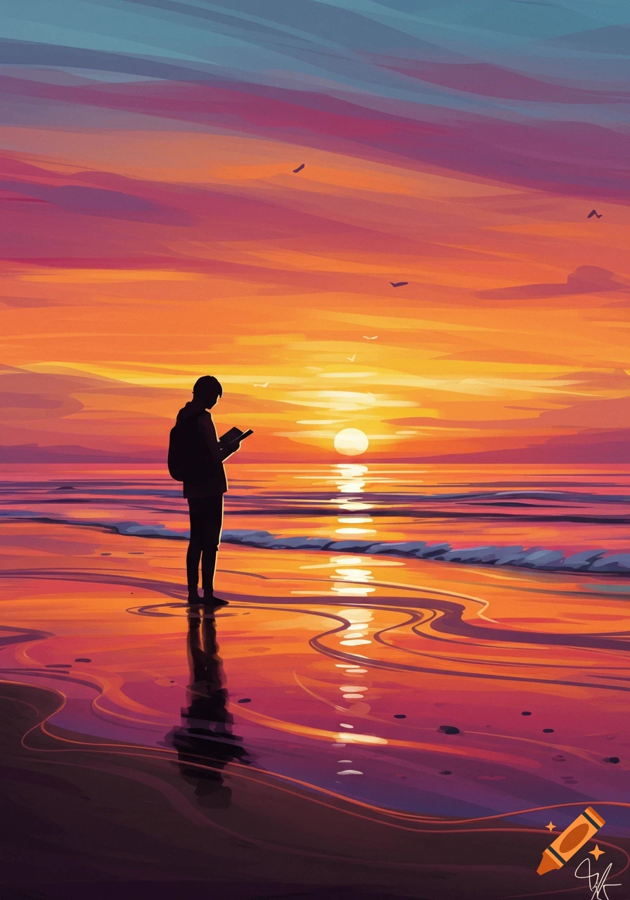 A stylized illustration of a person reading a book on a colorful beach at sunset with reflections in the water.