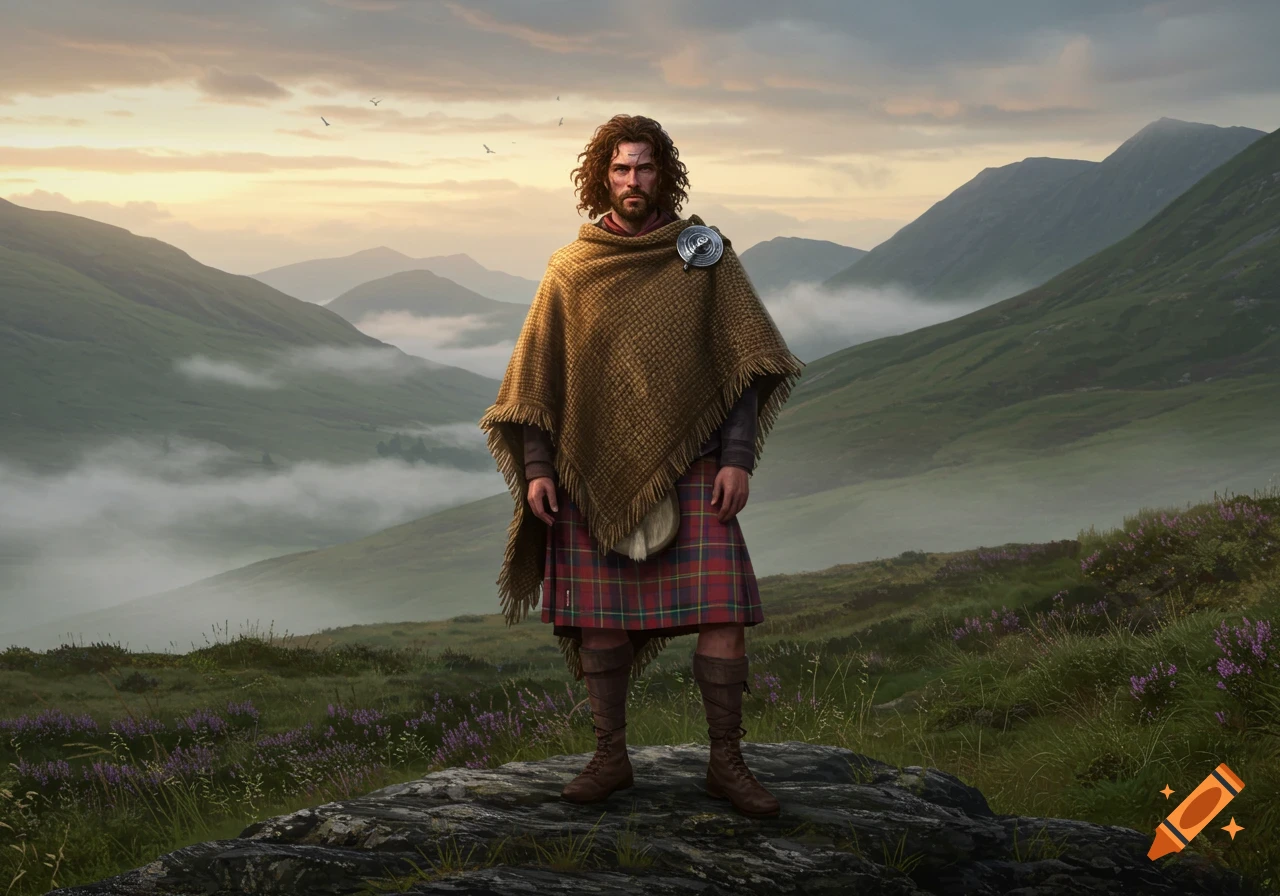 Photorealistic illustration of a man in a kilt and poncho standing on a rock in a misty mountain landscape at sunrise.